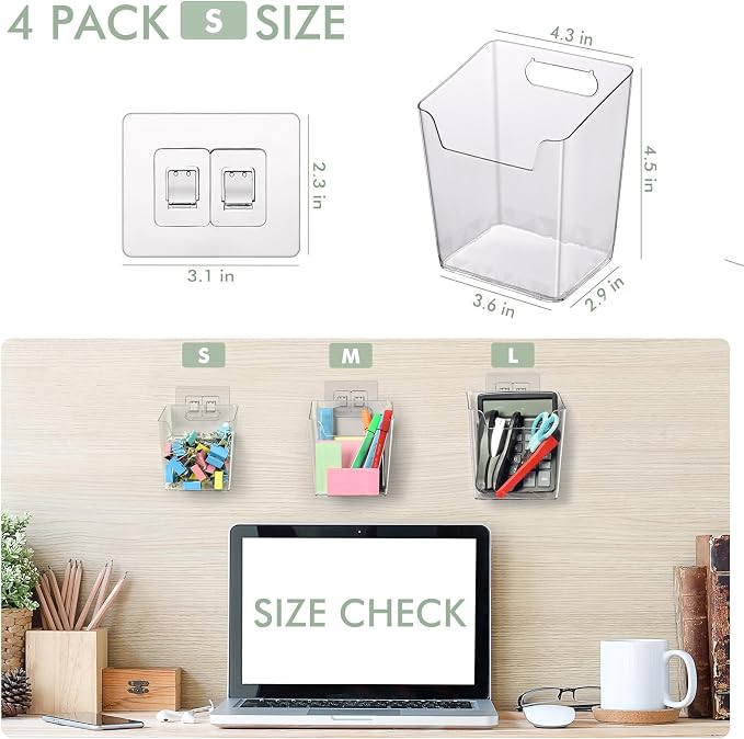 Clear Adhesive Wall Storage Bins, 4 Pack Cabinet Door Organizer Cups(Small) | Clear PET Hanging Wall Mount Pockets, Plastic Caddy for Shower Bathroom Makeup Office Craft Kitchen Sink RV Organization - Image 2
