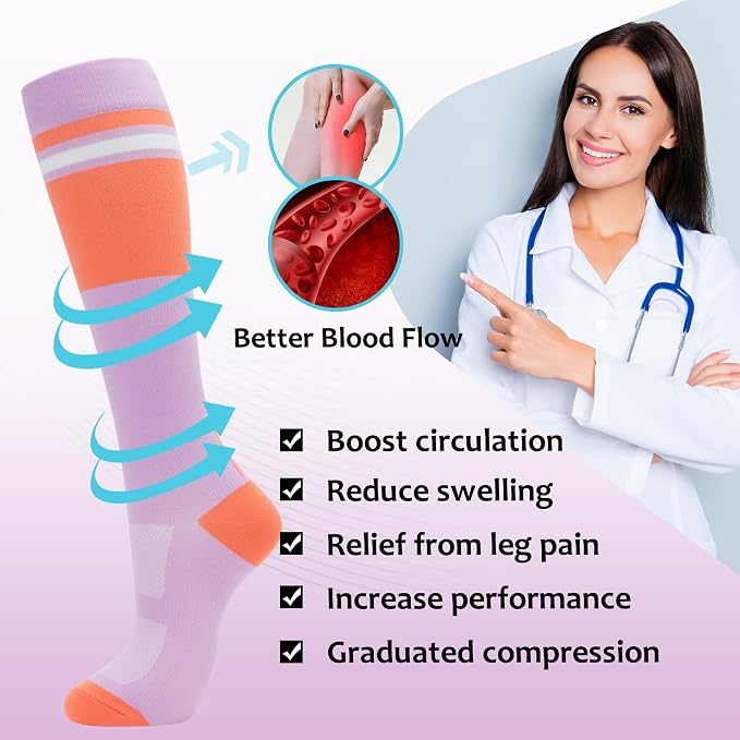 fenglaoda Compression Socks Women Men 4 Pairs, Knee High Support Socks for Running, Sports, Travel, Flight, Nurse - Image 2