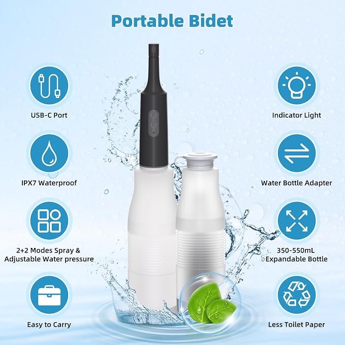 Hibbent Portable Bidet for Travel, High Pressure Electric Handheld Bidet Sprayer, 350-550ML Expandable Bottle for Personal Hygiene, USB-C Rechargeable Waterproof, Travel Sprayer for Women & Men, Black - Image 6