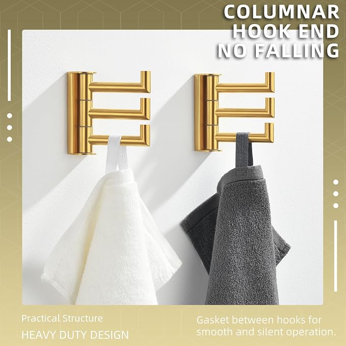 Angle Simple Towel Hooks, Swivel Bathroom Hook, Brushed Dark Gold, 2 Pack | SUS304 Stainless Steel, Folding 3 Arms, Kitchen Hand Towel Dishcloth Holder, Space Saver Fits Narrow Spot, Screws Mounted - Image 8