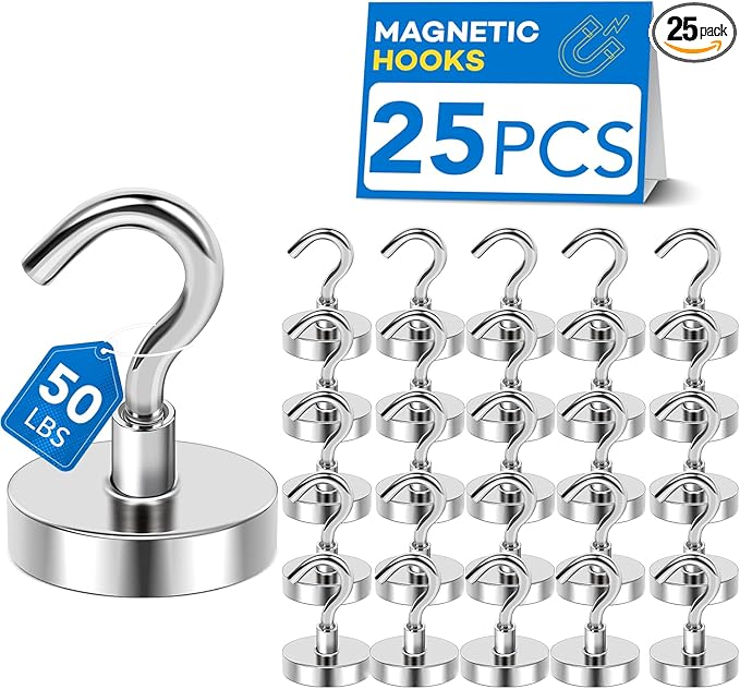 LOVIMAG Magnetic Hooks, Cruise Essentials 2026, 25 Pack-50LBS | Heavy Duty Strong Magnet Hook for Cruise Cabin, Refrigerator Fridge, Ship, Classroom, Kitchen Grills, Silver by LOVIMAG