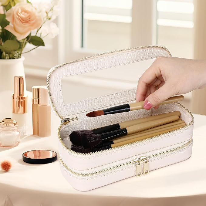 Pinkmik Double Layer Makeup Bag, Beige, Double SLIM | Makeup Brush Case, Waterproof, Travel Cosmetic & Toiletry Organizer - Image 2