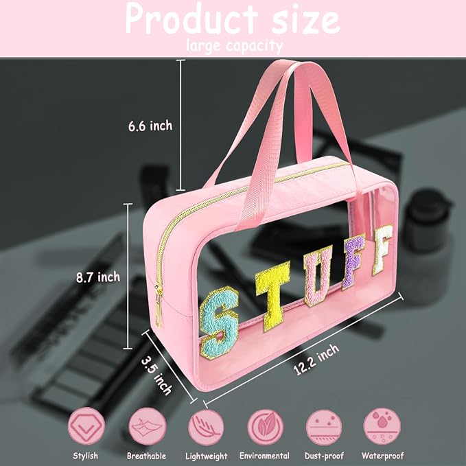 Chenille Letter Clear Makeup Bag Stuff Patch, Travel Toiletry Makeup Bag with Handle, Nylon Waterproof Makeup Bags clear cosmetic bag, preppy patch makeup bag for Women (STUFF-Pink) - Image 2