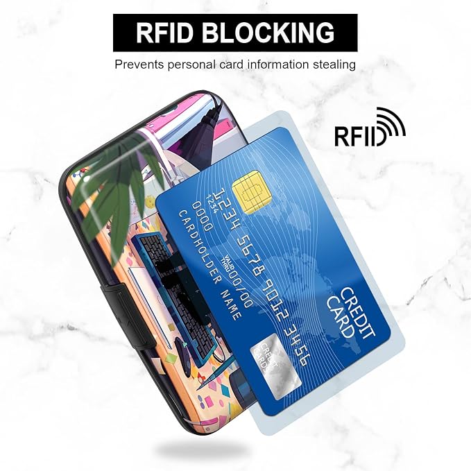 Credit Card Holder, Mini Aluminum Card Wallet RFID Blocking Slim Metal Hard Card Case for Women Men, Cat on Keyboard - Image 3