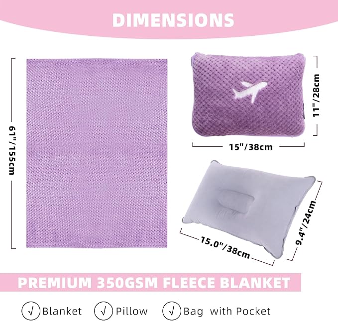 3 in 1 Travel Blanket Pillow Set - 350 GSM Thick Travel Blanket Airplane Compact with Bag, Soft Bag with a Pocket, Inflatable Travel Pillow for Camping & Car Trip (Violet) - Image 6