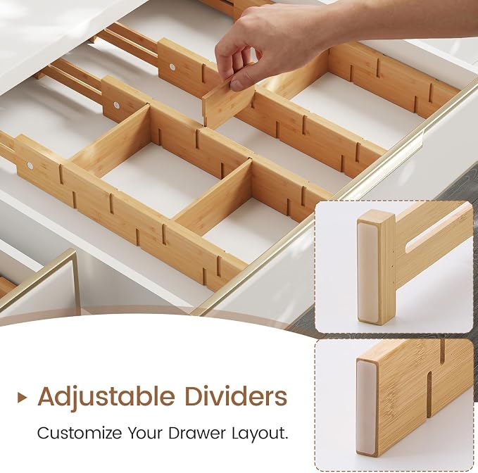 Bamboo Drawer Dividers 6 Pack with Inserts, Kitchen Adjustable Drawer Organizers for Home, Bedroom, Dresser, Expandable Organization 6 Dividers with 12 Inserts - Image 6