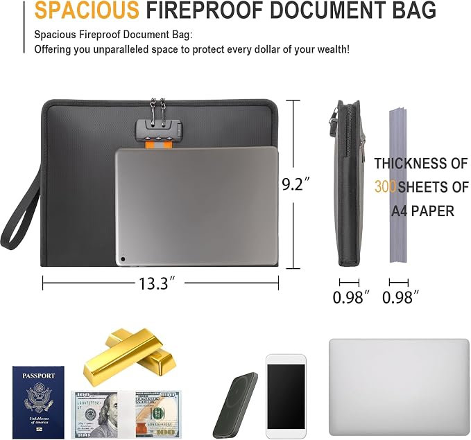 Fireproof Document Bag with Lock，13"×9.2" Fireproof Money Bag，with Zipper and Lock，Suitable for Tablets, A4 Documents, Cash, Mobile Phones, Credit Cards and Notarized Documents. - Image 3