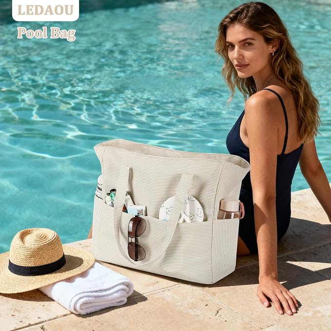 LEDAOU Large Beach Bag for Women, Waterproof Sandproof Tote Bag with Zipper | 36L Pool and Swim bag with Zipper, Wet/Dry pocket and 7 Pockets for Beach Days, Cruises, Vacations and Family travel - Image 6