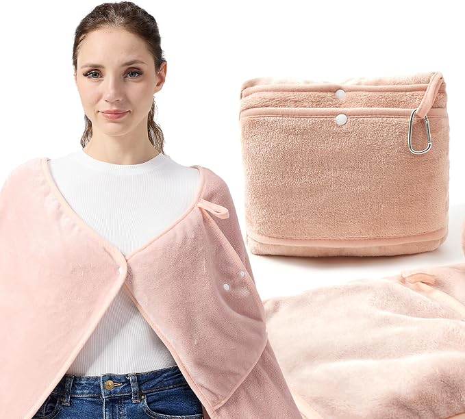 Packable Travel Throw Blanket, Blush Pink | Soft lightweight wearable travel accessory with carry pouch, airplane blanket, road trips, office naps,outdoor camping by SHINEDOOR