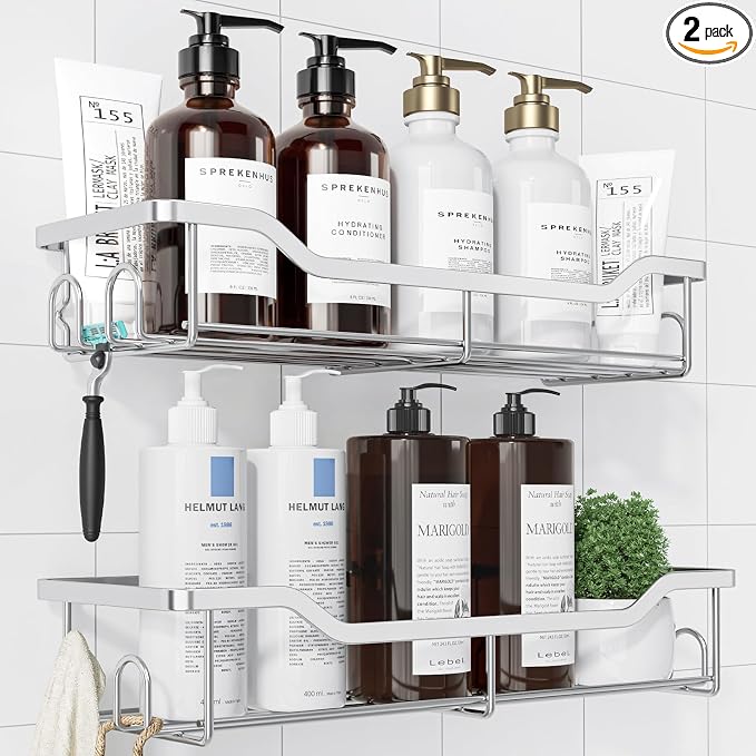 Kitsure Shower Caddy, Adhesive Shower Organizer, Large, Silver | Stainless Steel Shelf for Inside Shower, No Drill Bathroom Organizers and Storage, Home Decor Accessories by Kitsure