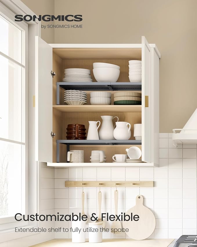 SONGMICS Spice Rack, Expandable Kitchen Countertop Shelf, Steel | Set of 2 small cupboard organizers, space-saving tabletop shelves, Silver, UKCS402FG01 - Image 2