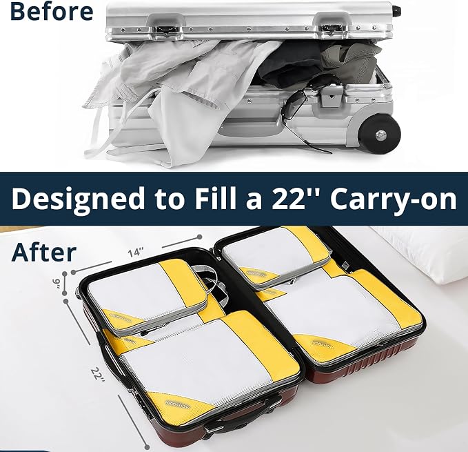 Compression Packing Cubes 6 Set, Compressible Space-Saving Packing Cubes for Travel - Compression Bags, Luggage Organizer, Travel Essentials for Women, Golden Yellow - Image 6
