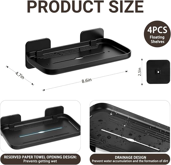 FAYYGYH 2 Pack Adhesive Floating Shelves, No Drill Small Floating Shelf | Wall Storage Damage-Free Wall Mounted Organizer for Bathroom, Kitchen, Bedroom & Office (Black-4pcs) - Image 2