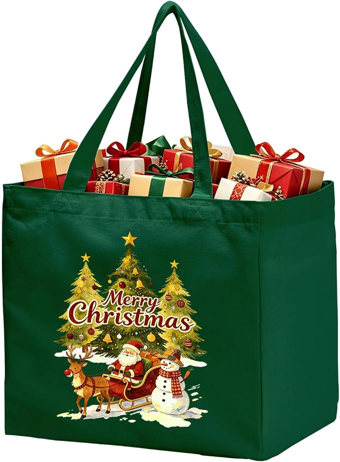 Christmas Canvas Tote Bags with Handles, Large Merry Christmas Shopping Bag | 14.6 x 10.2 x 13 in Holds 60 lbs Reusable Gift Bags for Christmas / Holiday / Party / Kid, Green 1-Pack - Image 2