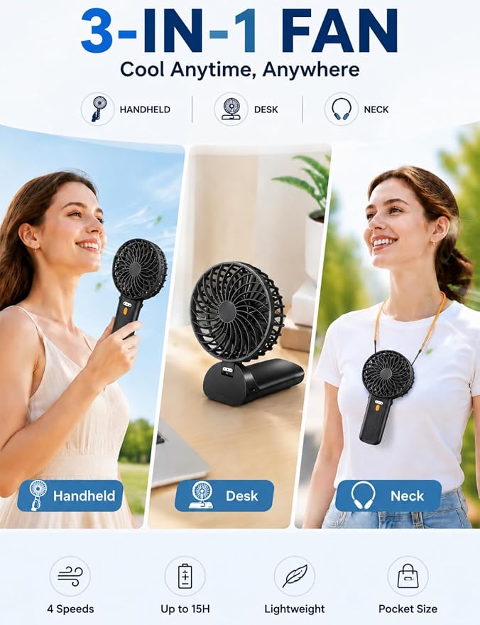 Portable Mini Fan, Quiet Foldable Fan with Lanyard (Black) | 4 Speeds, 15H Rechargeable Battery, Portable Pan for Travel, Home, Office, Outdoor, Makeup, Women, Men, Black - Image 3
