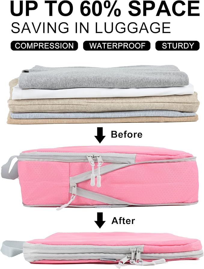 4 Set Compression Packing Cubes, Travel Luggage Organizers and Storage Packing Cubes (Pink) - Image 4