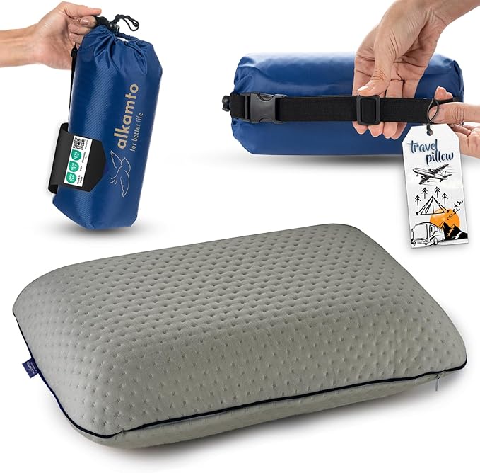 alkamto Travel & Camping Comfortable Memory Foam Pillow – Easy to Carry Portable Bag – Temperature Regulating Pillow Case (Grey) by Alkamto