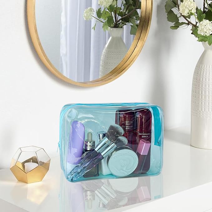 Waterproof PVC Makeup Bag - Leakproof Cosmetic Organizer for Travel Toiletry Storage 9.84×7.09×2.36 Inch for Women & Men (Sky Blue) - Image 4