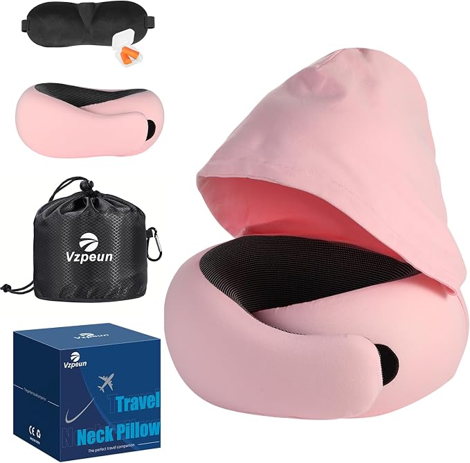 Travel Pillow - Hooded Neck Pillow Airplane Memory Foam Filling | for Plane, Office, Cars Sleeping, Road Trip, Long Flights Essentials, Includes Eye Mask & Earplugs (Pink) by Vzpeun