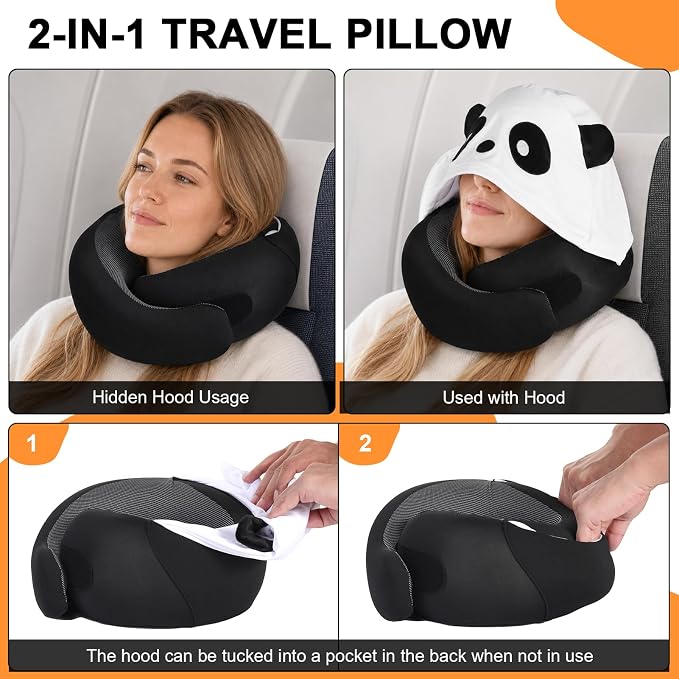 Travel Pillow - Hooded Neck Pillow Airplane Memory Foam Filling | for Plane, Office, Cars Sleeping, Road Trip, Long Flights Essentials, Includes Eye Mask & Earplugs, Panda - Image 3
