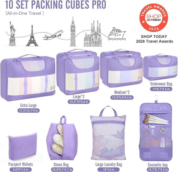 Veken 10 Set Packing Cubes for Travel Essentials,Anti-Wrinkle Buckled Suitcase Organizer for Shoe & Toiletry Bag,Carry On Luggage Bag with 99+ Count Mesh Holes for Airplane & College Dorm Accessories - Image 2