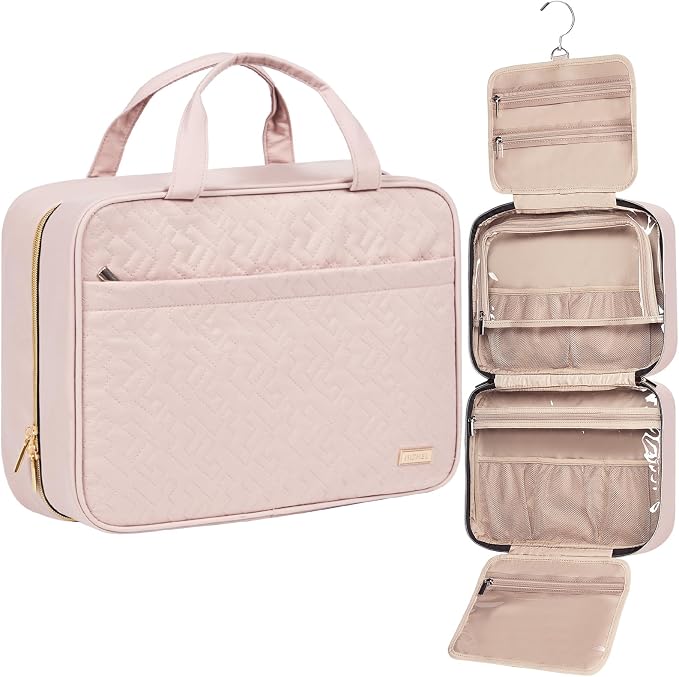 NISHEL Travel Toiletry Bag for women, Portable Hanging Organizer for Family-Sized Shampoo, Conditioner, Brushes Set, Makeup Accessories, Extra Large Size, Pink | for Travel-Sized Shampoo, Conditioner, Brushes Set, makeup Accessories, Extra Large Size, ... by NISHEL