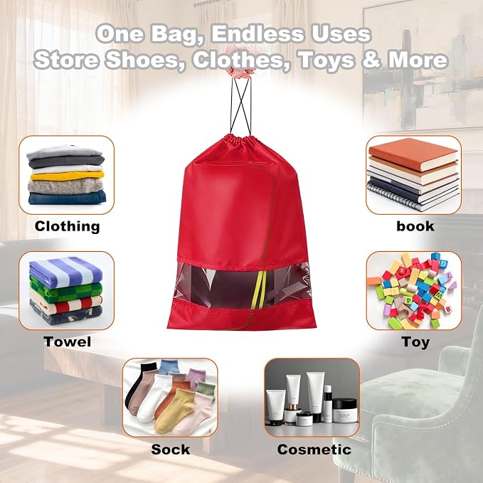 20 Pack Shoe Bags for Travel, 17" x 12.6" Drawstring Shoe Organizers with Clear Window, Breathable Non-Woven Dustproof Pouches for Luggage & Closet (Red) - Image 6