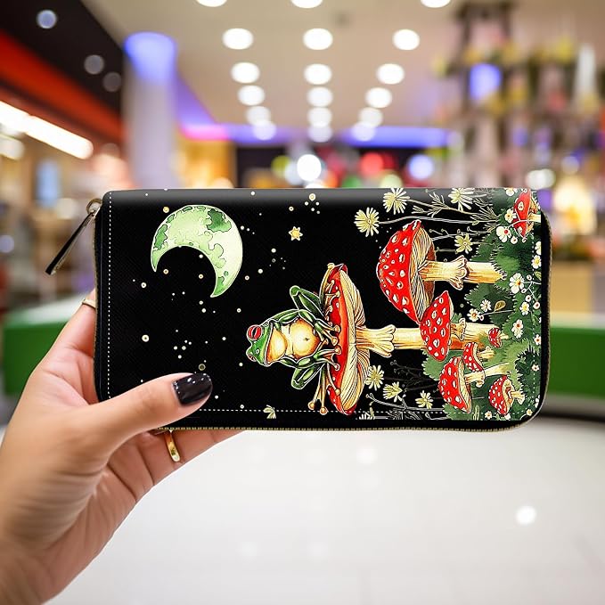 Wallet,Leather Long Wallet Suitable For Ladies And Teenagers - Detachable Wristband + RFID Travel Wallet With Card Slot - Aesthetic Mushroom Frog - Image 4