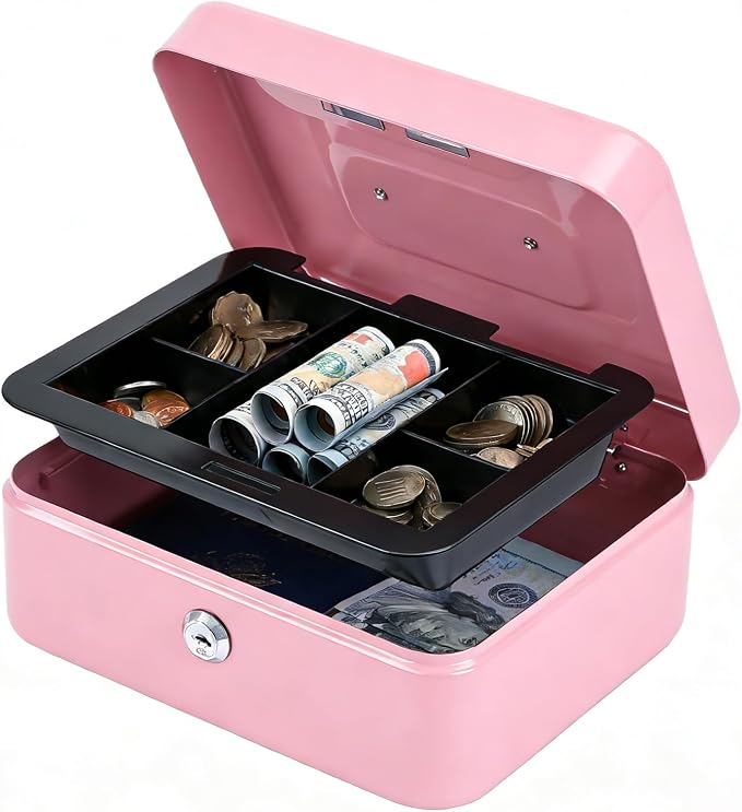 Kyodoled Medium Cash Box with Money Tray,Small Safe Lock Box with Key, Drawer,7.87"x 6.30"x 3.54" Pink by KYODOLED