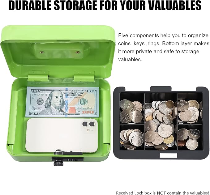 KYODOLED Cash Box with Combination Lock,Safe Metal Box for Money,Storage Lock Box with Money Tray,7.87"x 6.30"x 3.54" Limegreen Medium - Image 4