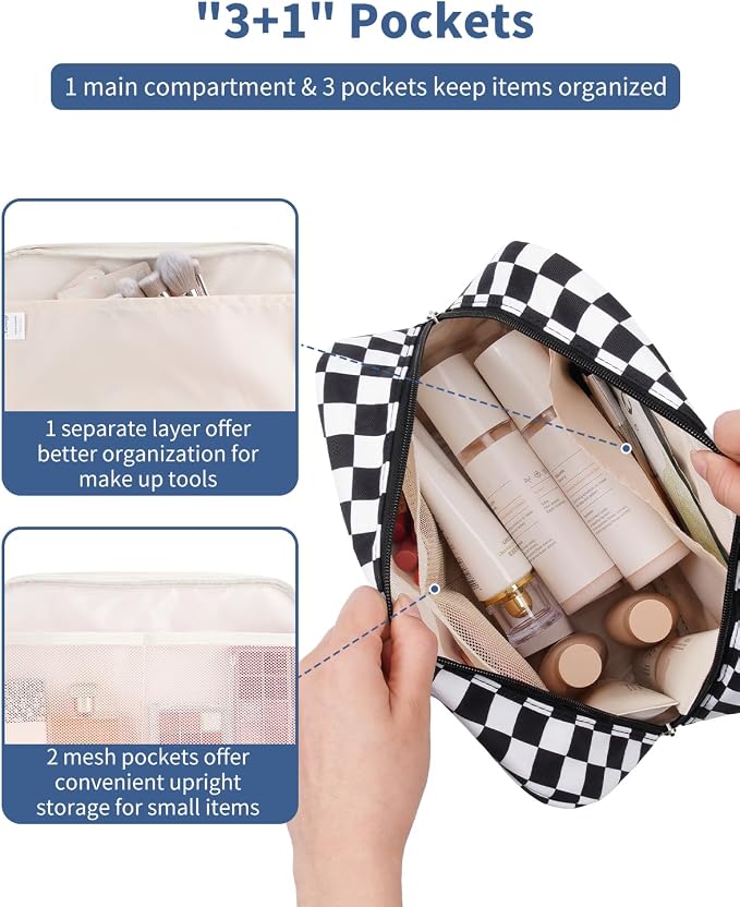 Narwey Large Toiletry Bag Women Cosmetic Bag Travel Makeup Bag Organizer Medicine Bag for Toiletries Essentials Accessories (Black Checkerboard, Large) - Image 2