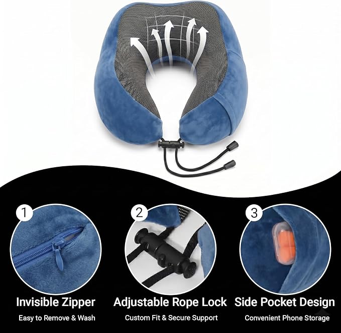 Travel Neck Pillow, 100% Memory Foam, U-Shaped with Storage Box, Blue | 100% memory foam with 360-degree support & adjustable buckle. Compact storage box. Machine washable cover. Fits all necks. - Image 2