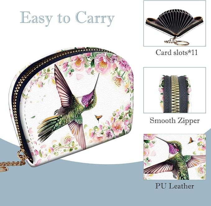 Women's Slim RFID Wallet – Compact Leather Card Holder Wallet for Women, 9 Card Slots RFID Blocking Credit Card Organizer, Small Travel Wallet - Hummingbird and Flowers - Image 4