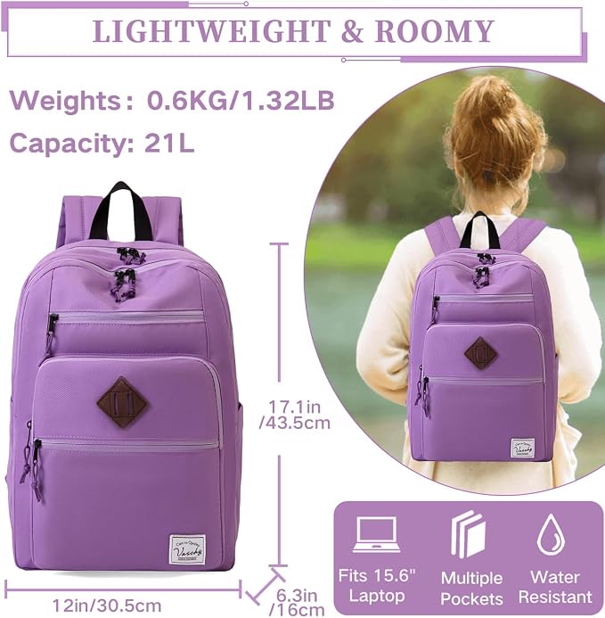 VASCHY School Backpack for Women, Unisex Large Bookbag Schoolbag Casual Daypack for High School/College/Teens/Travel/Work Purple - Image 3
