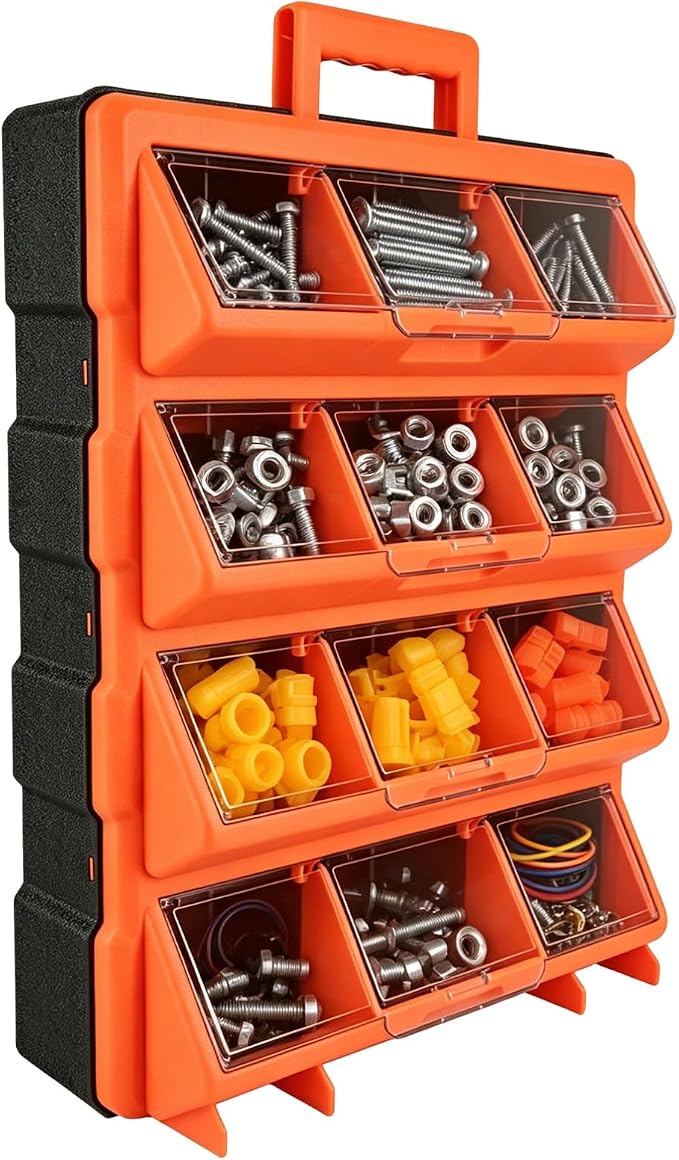 ULIBERMAGNET Tool Box Organizer,12-Compartment Portable Small Parts Organizer for Screws, Bolts,Nails,Washers, Wall-Mounted Hardware Storage Boxes for Garage, Truck, Workshop (Orange) by ULIBERMAGNET