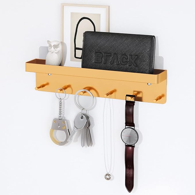 MKO Key Holder for Wall, Mail Organizer and Key Rack with Tray for Hallway, 6 Key Hooks Wall Mount Adhesive(Gold) | Metal Material, Key Rack with Shelf, Wall Mount, Mail Organizer Tray, Suitable for Entryway, Hallway, Living Room - Image 2