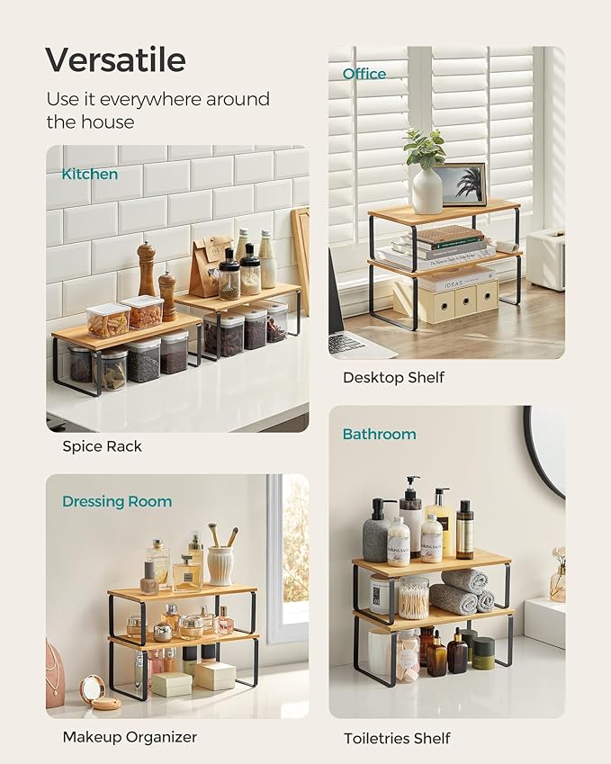 SONGMICS Cabinet Organizer Shelf, Set of 2 Spice Rack, Kitchen Storage | Kitchen Counter Storage Spice Rack, Bamboo, Steel, Light Bamboo and Matte Black, BYSTRO Collection UKCS200B01 - Image 3
