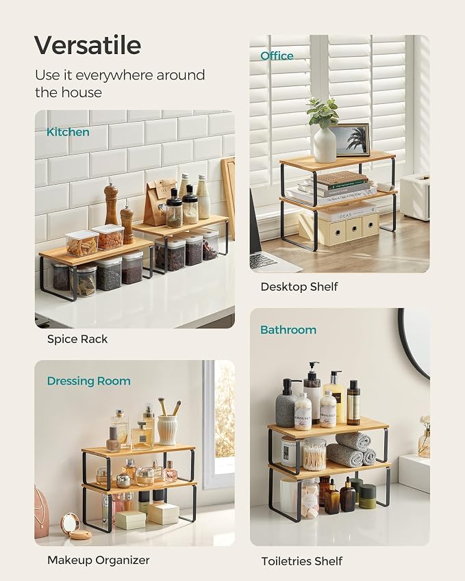 SONGMICS Cabinet Organizer Shelf, Set of 4 Spice Rack, Kitchen Storage | Kitchen Storage, Spice Rack, Steel and Bamboo, Light Bamboo and Matte Black, BYSTRO Collection UKCS210B01 - Image 4
