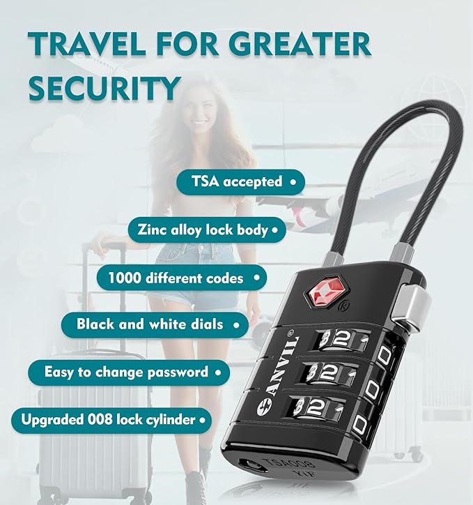 ANVIL TSA Approved Luggage Locks – High Security TSA008 Combination Travel Locks with Inspection Indicator for Suitcases and Backpacks. (3, Black) - Image 5