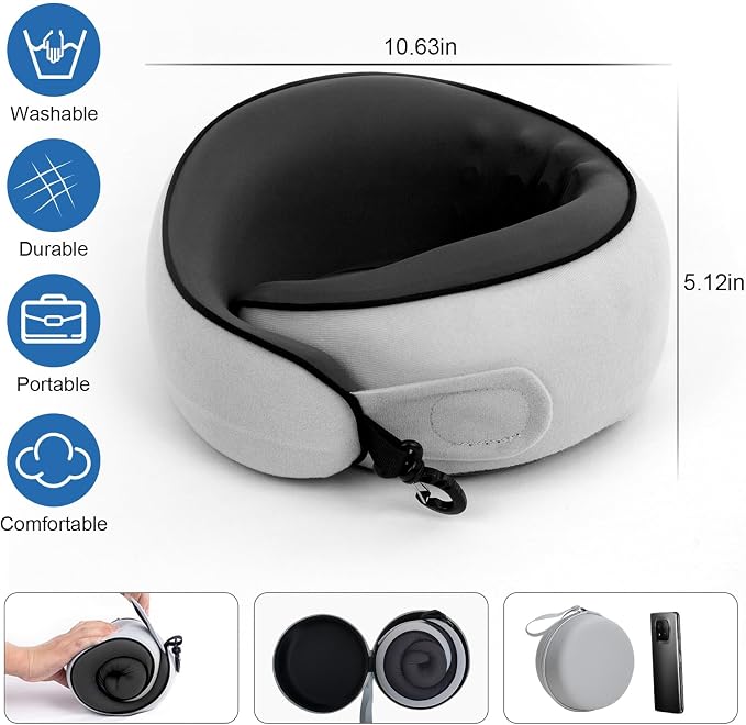 360° Full Support Compact Neck Airplane Pillow for Car, Office | Neck Pain Travel Pillow for Rest; Long Flight Kit with Contoured 3D Eye Mask, Earplugs & Portable Storage Box - Image 5