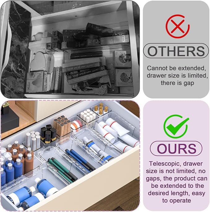 14 Pcs Adjustable Drawer Organizer, Clear Drawer Organizer Expendable | 3-Size Desk Drawer Organizer, Acrylic Storage Bins for Makeup, Cosmetic, Kitchen Utensils, Bedroom Dressers, Tool Organizer - Image 4