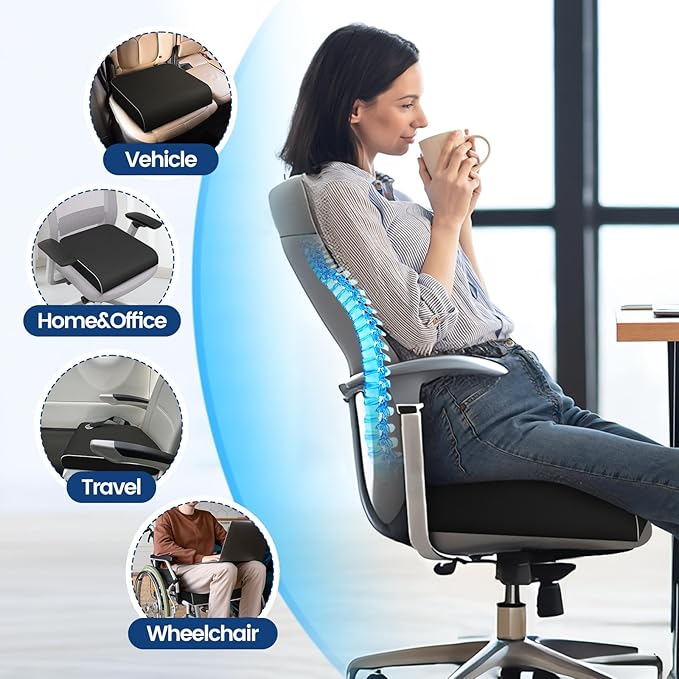 SweetSlubr Seat Cushion, Chair Pad, Memory Foam Large Cushion | Office Chair Cushion for Tailbone Pain Relief, Non-Slip Cover, Soft Support for Office Chair, Car Seat, Airplane,Large/Black - Image 4