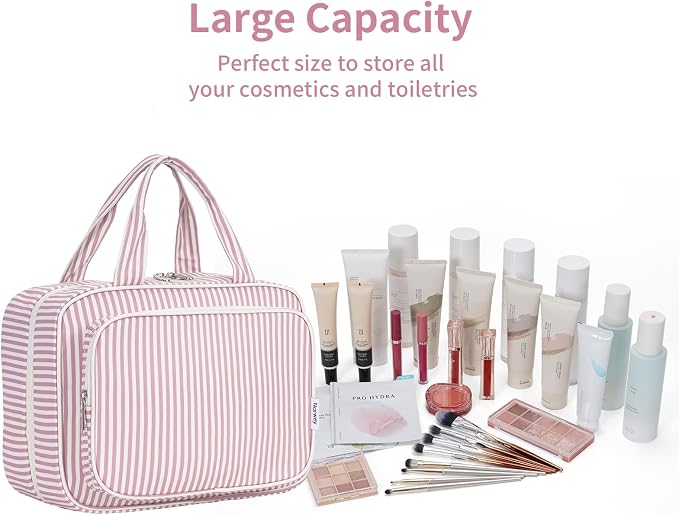 Narwey Striped Travel Toiletry Bag for Women Large Hanging Makeup Bag Organizer Toiletries Bag for Full Size Essentials Accessories Cosmetics (Dusty Pink Stripe (Large)) - Image 6