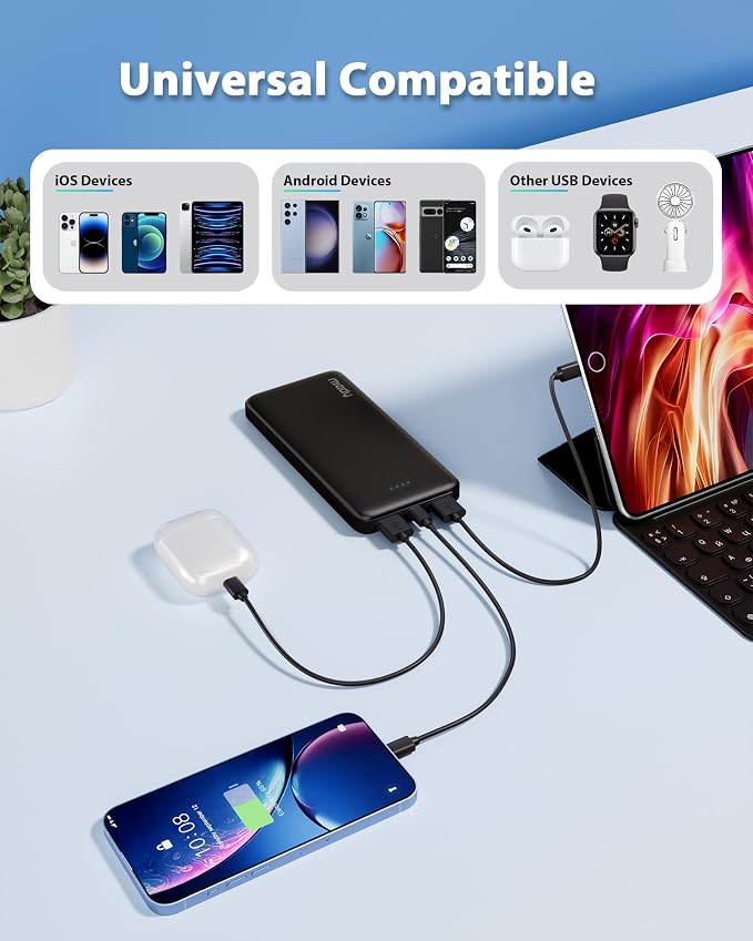 Miady 2-Pack Portable Charger 10000mAh Power Bank Battery Pack for Travel | 37Wh丨Dual USB丨3 Outputs 2 Inputs丨Slim丨Compatible with iPhone 17 16 Galaxy S24 Android Tablets etc丨Flight-Safe丨Black+White - Image 5