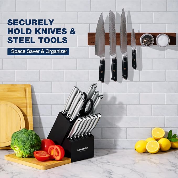 Knife Magnetic Strip 16”, Acacia Wood Knife Holder for Wall Moun | No Drill for Fridge, Dual-Row Magnet Hold 9 Knives & Heavy Cleaver, 3M Tape & Screw Mount, Kitchen Knife & Utensil Organizer - Image 5