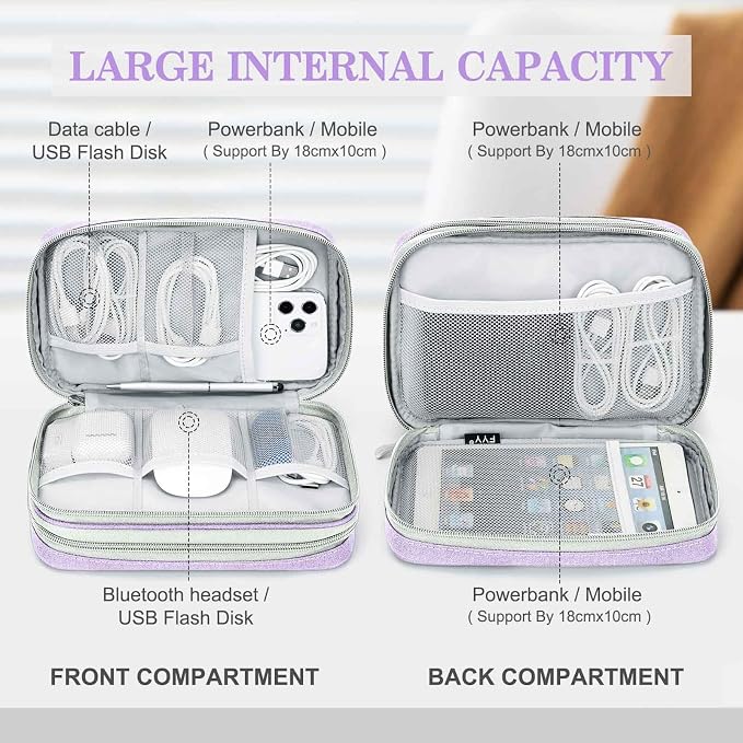 FYY Electronic Organizer, Travel Tech Pouch Bag, Large, Light Purple | Wrist Strap, Waterproof, Double Layers Portable Electronics Travel Carrying Case for Cord, Charger, Daily Business Trips Use - Image 3