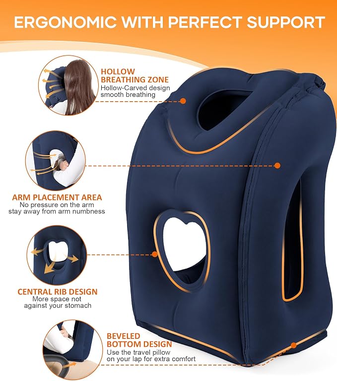 Sunany Travel Pillow, Upgraded Plane Pillow for Long Flights, Inflatable Neck Pillow Used for Airplanes,Cars,Buses,Trains,Office Napping with Eye Mask,Earplugs (Blue) - Image 3