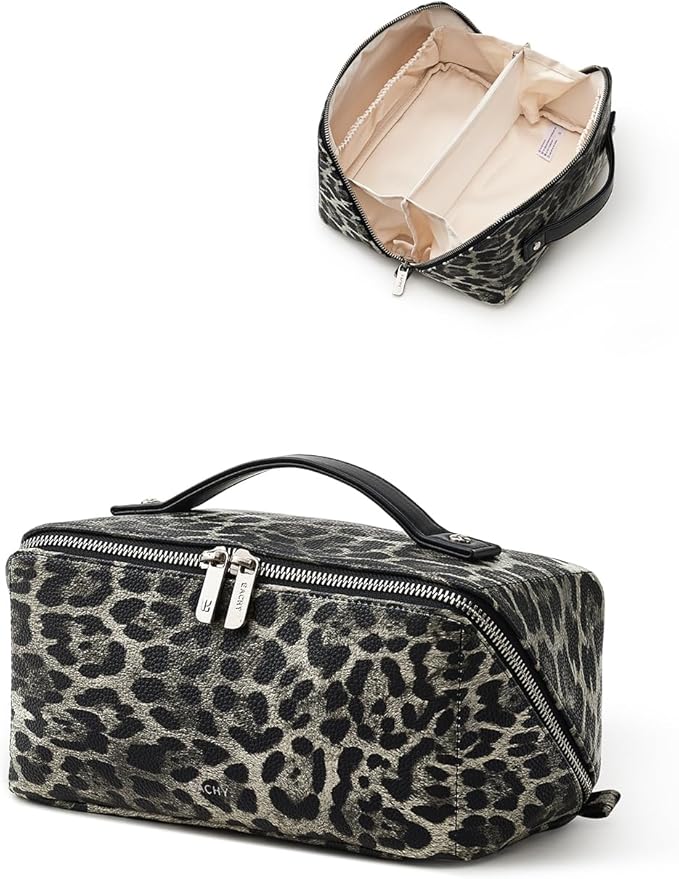 EACHY Travel Makeup Bag for Women, Flat Open Leopard Print Cosmetic Bag | Leopard-print PU leather cosmetic bag opens flat with dividers and clear TPU brush pocket for makeup and travel essentials - Image 6