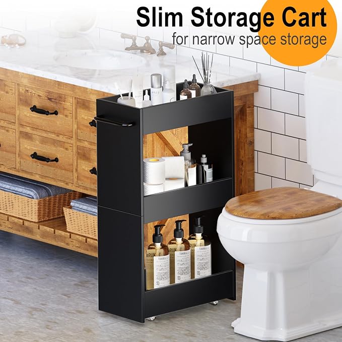 MARTY Slim Rolling Storage Cart 7.9" W Laundry Cart with Wheels,Wood, Black | Narrow Utility Cart Between Washer and Dryer, 3 Tier Mobile Shelving Unit for Kitchen, Laundry, Bathroom, Office, Living Room - Image 4