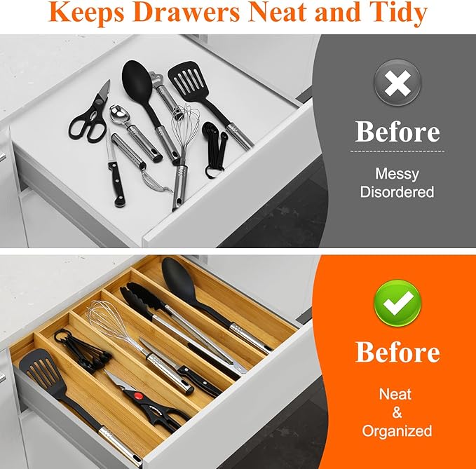 Expandable Bamboo Silverware Drawer Organizer Large Kitchen Utensils Tray | Wide Cooking Utensils Drawer Big Spoon Divider Adjustable Tongs Spatula Organizer Knife Cutlery Tray Wood Flatware Holder - Image 7